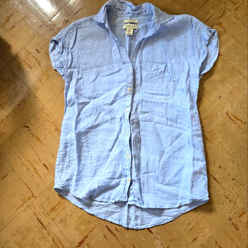 Rachel Zoe Collared Linen Short Sleeve Button Front Blouse